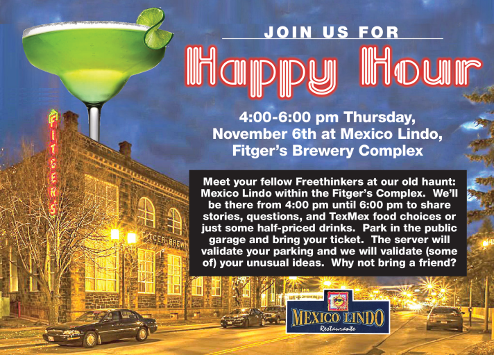 An external view of Fitger's at night, lit with yellow light. A superimposed green martini drink looms above the building from the lake side. Text on the image promoting Happy Hour is repeated below.