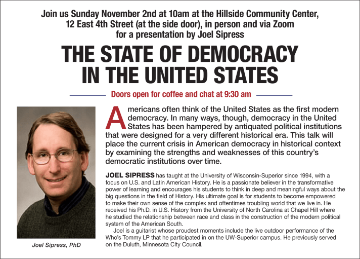 A notice for LSF's second Sunday meeting with the text repeated below, there's a head-shot of Joel Sipress, a white male wearing glasses and a sweater.