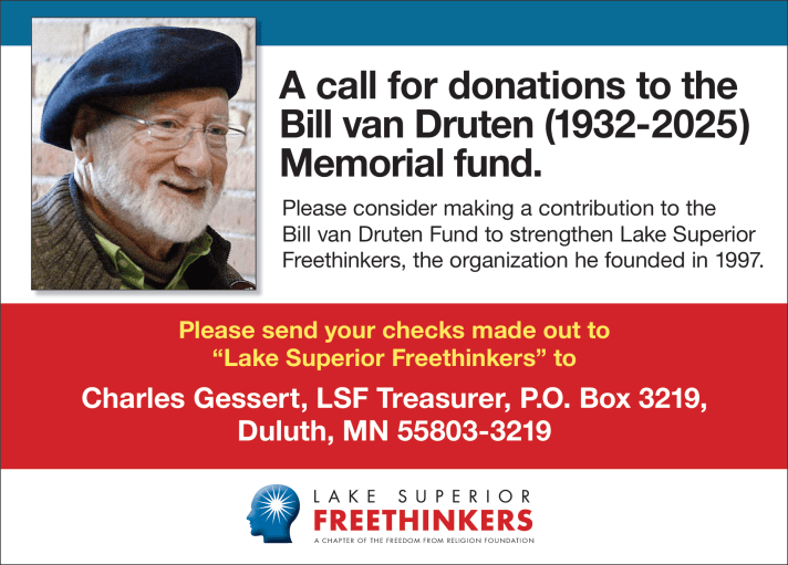 A postcard, text repeated below, asking for donations to the Bill van Druten memorial fund. A head-shot of Bill is included, with his signature beret.
